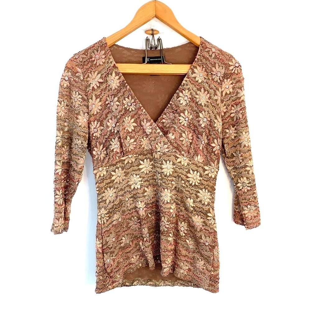 INC floral multicolored mesh like metallic top